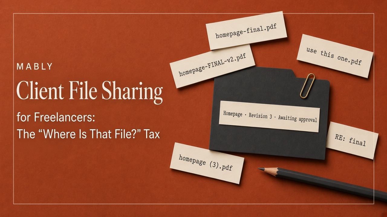 Scattered file labels like "homepage-final.pdf" and "use this one.pdf" around one neat folder labelled "Homepage, Revision 3, Awaiting approval".